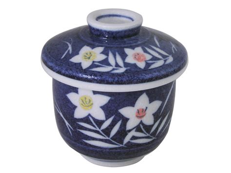 White Narcissus On Blue Japanese Chawanmushi Cup