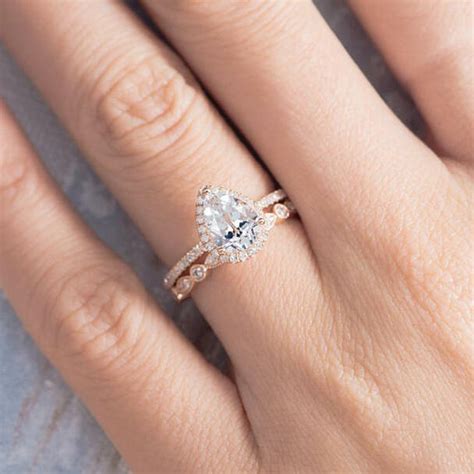 Pear Shaped Engagement Ring Wedding Band Women Set Rose