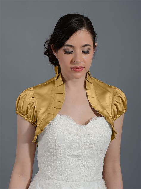 Gold Short Sleeve Satin Bolero Wedding Jacket Satin006ngold