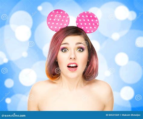 Beautiful Young Smiling Woman In Mickey Mouse Ears Stock Image Image