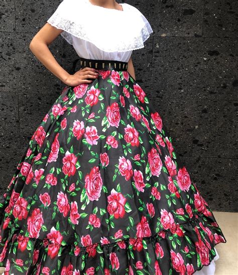Mexican Flowered Skirt Black One Circle Practice Skirt Frida Etsy