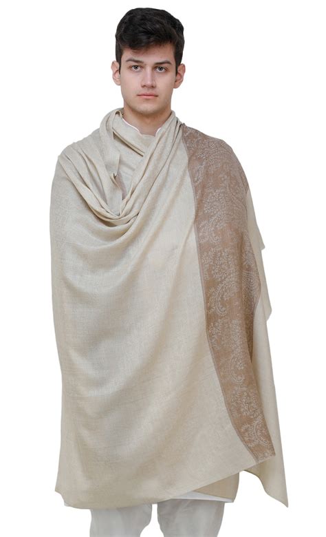 Oyster Gray Mens Shawl From Amritsar With Self Weave And Paisleys On