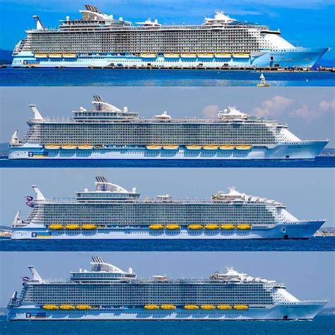 Four Cruise Ships Are Shown Side By Side In Different Stages Of Their Sizes And Colors