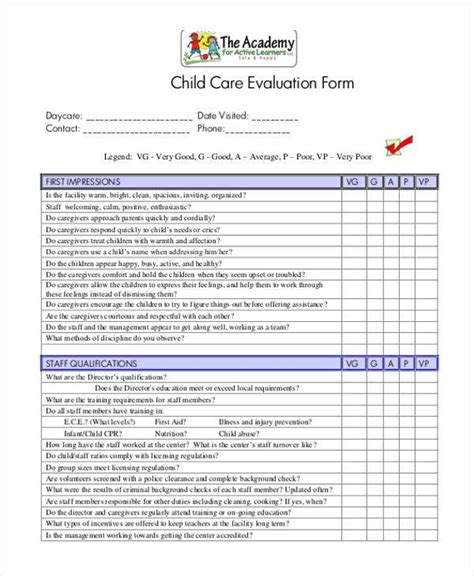 Child Care Evaluation Form Free Printable