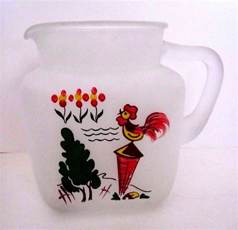 Vintage Hazel Atlas Frosted Satin Glass Country Rooster Pitcher Hand