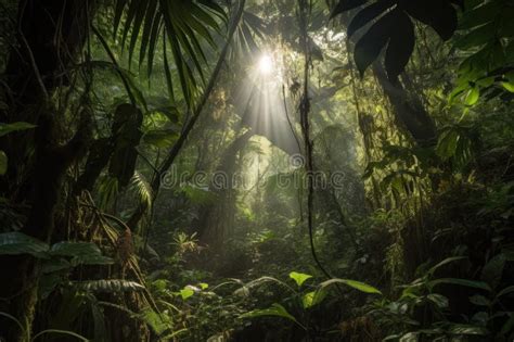 Jungle Canopy With Sunbeams Shining Through The Leaves Stock