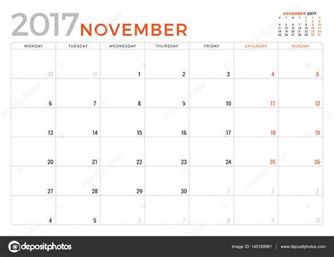Calendar Planner For November 2017 Year Vector Design Template Week