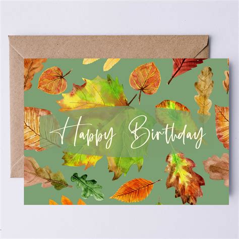 Happy Birthday Autumn Printable Card Fall Leaves On Vintage Etsy
