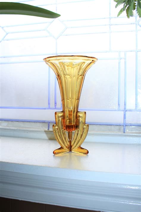Art Deco Footed Vase Amber Glass Skyscraper Vase Vintage 1920s