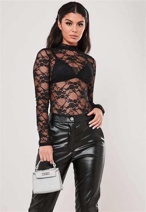 Black Lace Long Sleeve Bodysuit Missguided