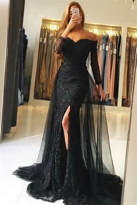 Black Tulle Off The Shoulder Long Sleeves Prom Dress Lace Sequins