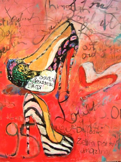 A Painting Of A Womans High Heeled Shoe With Writing All Over It