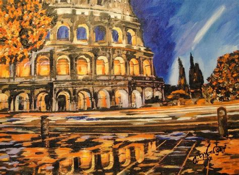 Original Acrylic Painting Colosseum City At Night Rome Italy
