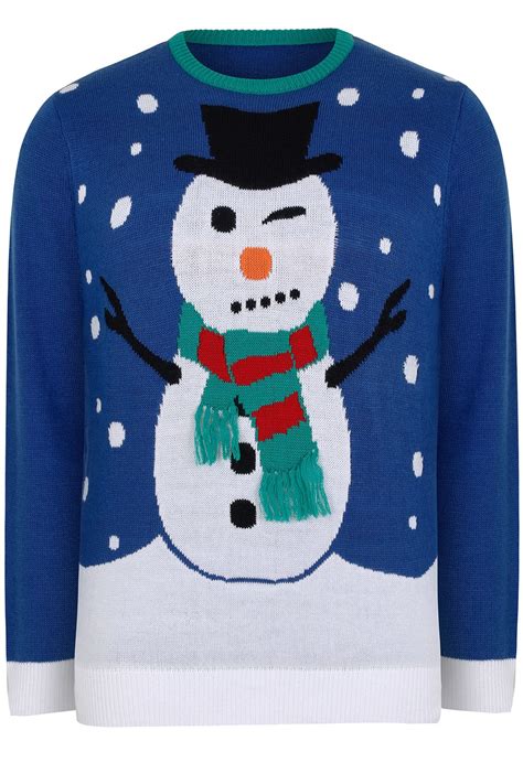 Badrhino Blue Christmas Snowman Knitted Jumper Size L To 6xl