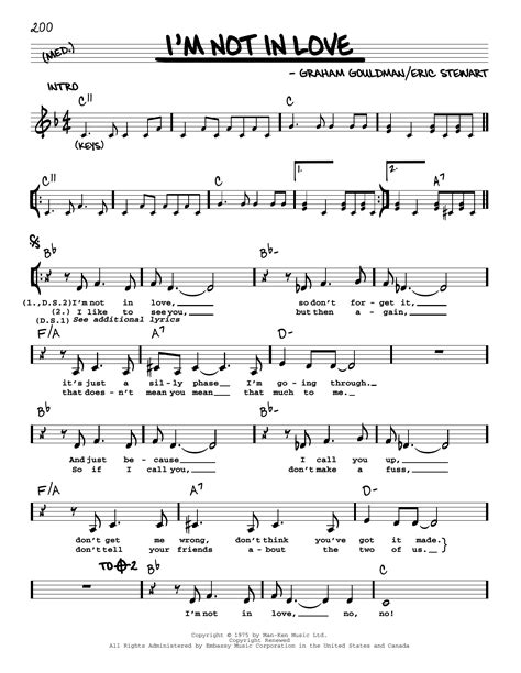 Im Not In Love Sheet Music 10cc Real Book Melody Lyrics And Chords
