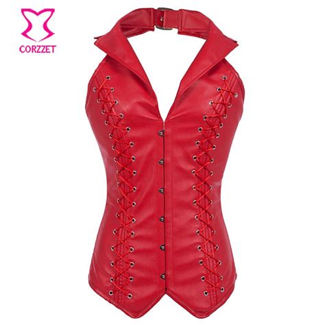 Corzzet Red Faux Leather Collar Steampunk Overbust Lace Up Corsets And