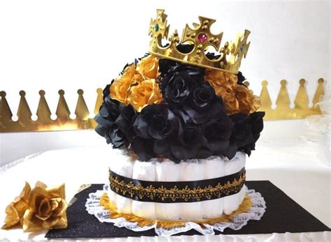 Turn vases, jugs and pots into photo: BLACK & GOLD Diaper Cake Centerpiece For Prince Baby Shower / Boys Black and Gold Baby Shower ...