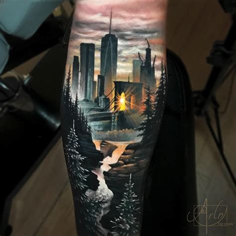 Landscape Tattoo By Arlo Dicristina Cool Tattoos City Tattoo New