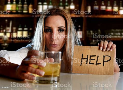 Drunk Alcoholic Woman Drinking Alcohol Asking For Help In Bar Stock