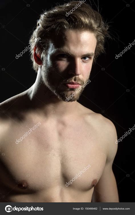 Naked Man Looking At The Camera On Black Background In The Studio Closeup Handsome Man Stock