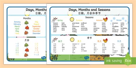 Days Months And Seasons Word Mat Englishmandarin Chinese Days
