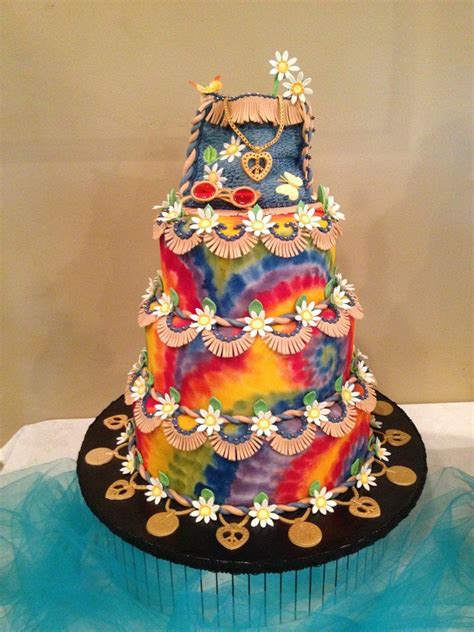 Edible rainbow tie dye butterflies, set of 20 wafer paper butterflies for cake decorating and cupcake decorating. this cake has tye dye, denemin, fringe, daisies and rose ...
