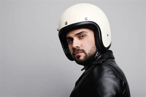Close Up Portrait Of Young Happy Biker Man With White Cafe Racer Helmet