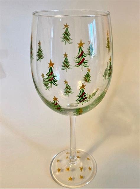 Stem Wine Glass Christmas Trees Hand Painted Minimalist Etsy Christmas Wine Glasses Wine
