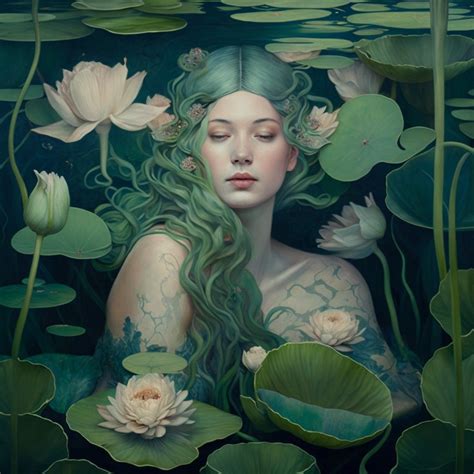 Beautiful Green Haired Mermaid In Water Lilies Mermaid Painting