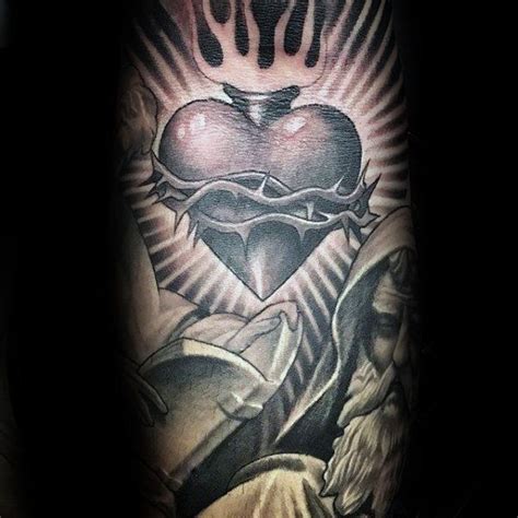 Negative Space Flames Mens Sacred Heart Forearm Sleeve Tattoo Rose