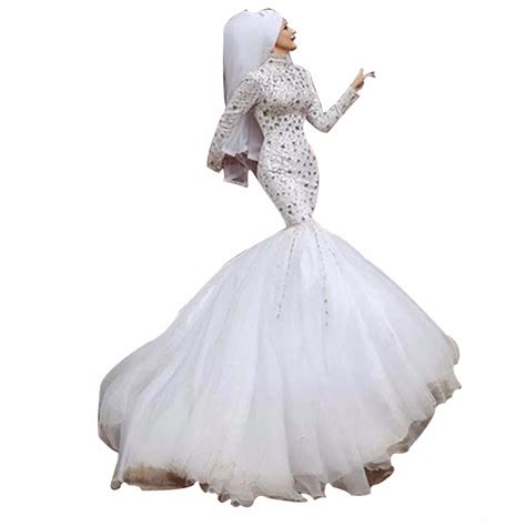 Zyllgf Bridal Mermaid Hijab Wedding Gown Rhinestone Beaded Islamic Wedding Dress Long Sleeve