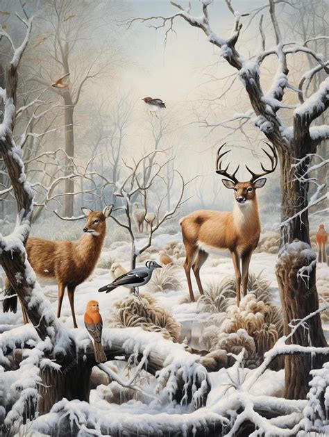 Premium Ai Image A Painting Of Deer In A Snowy Forest With A Bird On