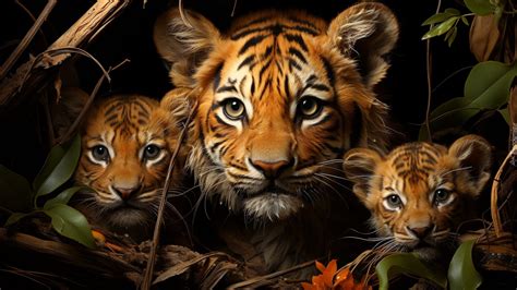 Tygrys I Dwa Małe Tygryski Wśród Liści
