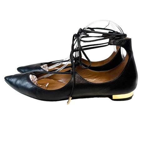 Aquazzura Christy Flat Black Leather Pointed Lace Up Ballet Shoes Women