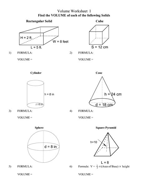 Surface Area And Volume Of Solids Worksheets