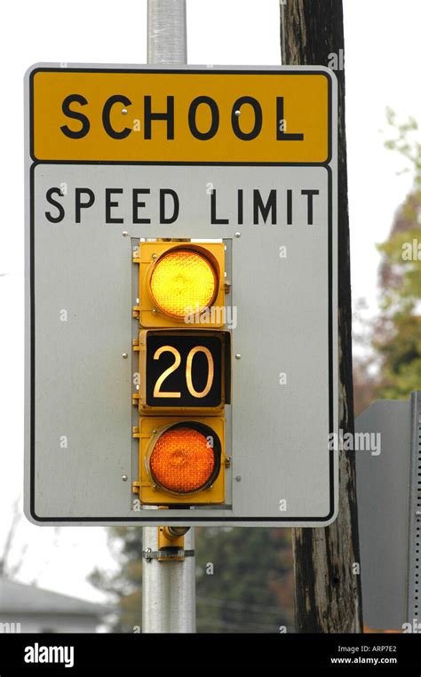 School Speed Limit Sign With Flashing Light Stock Photo Alamy