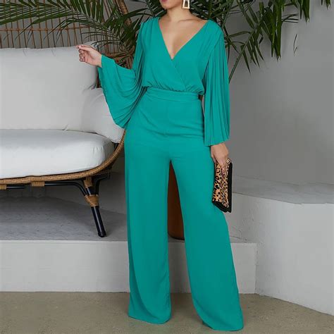 Plus Size 2xl Sexy V Neck Wide Leg Jumpsuit Pleated Sleeve High Waist