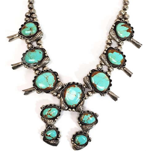 Lot Sterling Silver Turquoise Squash Blossom Necklace