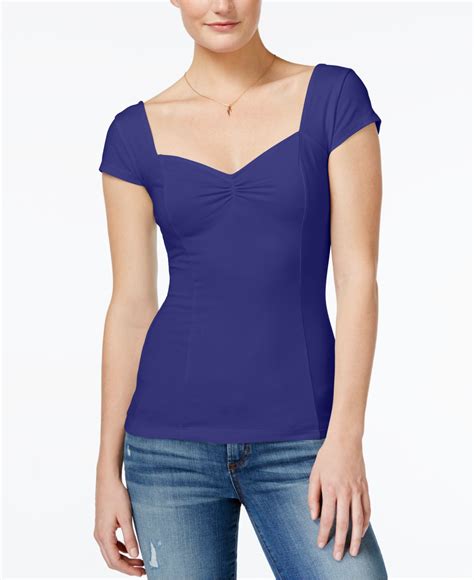 Guess Cotton Baylee Cap Sleeve Sweetheart Neck Top In Blue Lyst