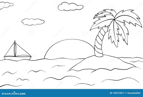 Desert Island With Palm Tree And Ship Summer Sunset Landscape Vector