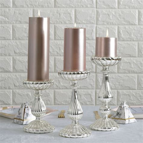 Efavormart Set Of 3 Silver Mercury Glass Pillar Candle Holders 7 8