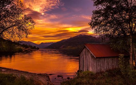 Nature Landscape Boathouses Lake Sunset Norway Trees Mountain Sky Clouds Shrubs Water