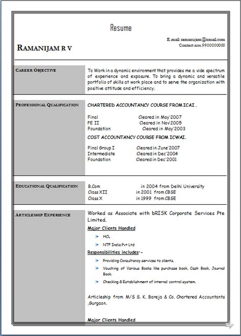 resume blog  resume sample  ca cwa fresher