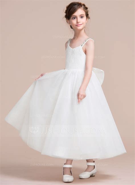 a line princess tea length flower girl dress tulle lace sleeveless v neck with bow s v back