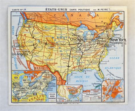 Vintage French School Map Usa C1960 Free Shipping For Sale At 1stdibs