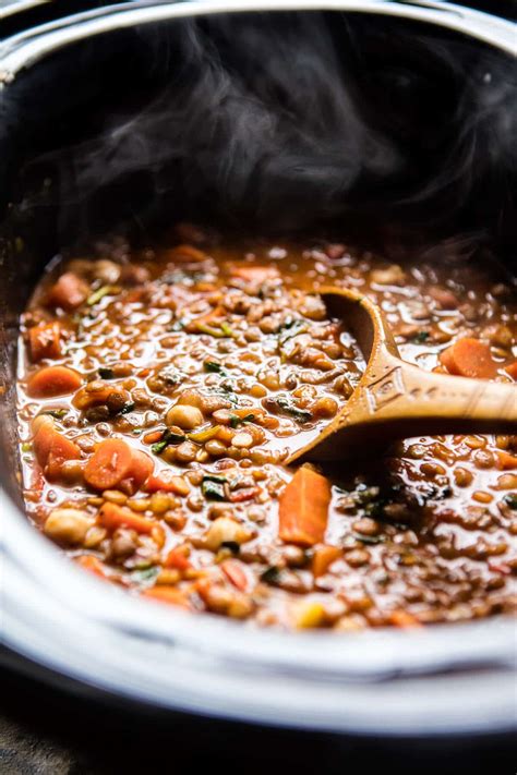 Add the peppers, tomatoes and stock. Crockpot Moroccan Lentil and Chickpea Soup. - Half Baked ...