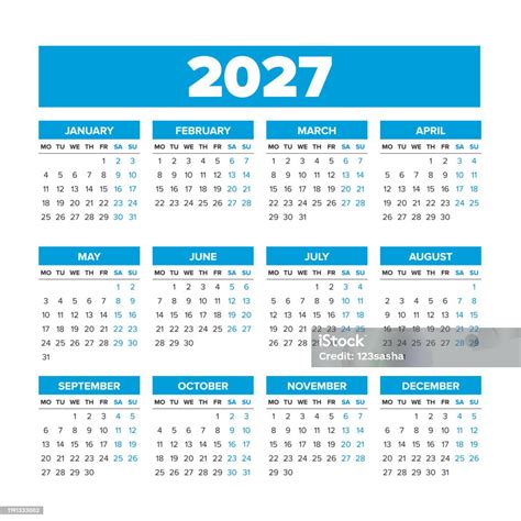 Ilustración De Calendario 2027 Con Semanas Comienza El Lunes Y Más