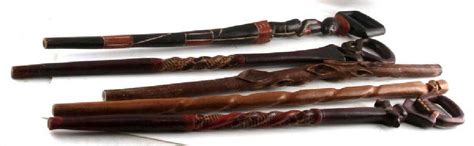 Lot Of 5 Wooden African Walking Cane Sticks