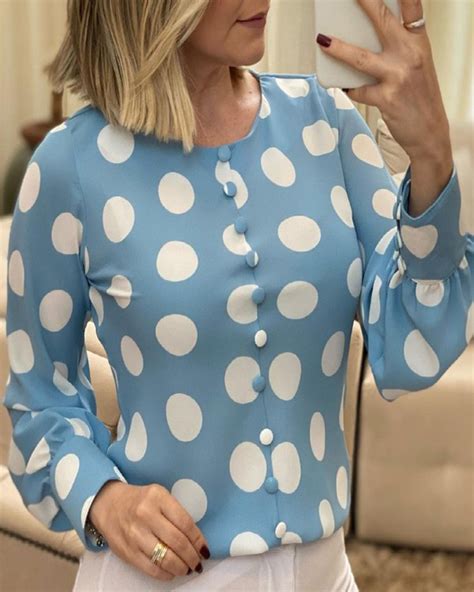 polkadot print lantern sleeve buttoned top online discover hottest trend fashion at