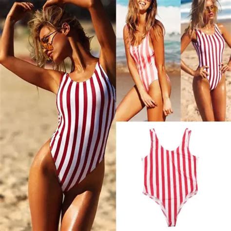 2019 Sexy Red Stripe Swimwear Women One Piece High Waist Bikini Push Up Monokini Swimsuit